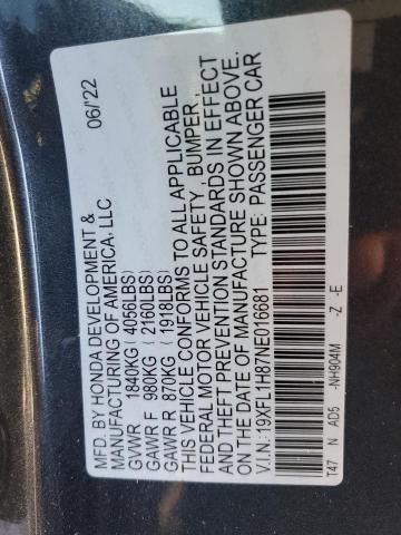 19XFL1H87NE016681 - 2022 HONDA CIVIC SPORT TOURING BLUE photo 12