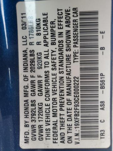 19XFB2F93CE000222 - 2012 HONDA CIVIC EXL ლურჯი ფოტო 12