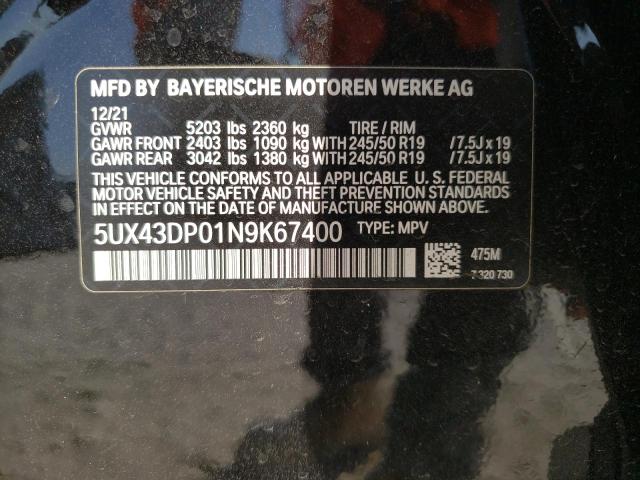 5UX43DP01N9K67400 - 2022 BMW X3 SDRIVE30I BLACK photo 14