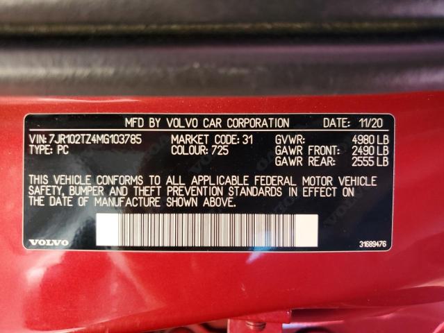 7JR102TZ4MG103785 - 2021 VOLVO S60 T5 MOMENTUM RED photo 12