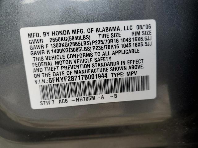 5FNYF28717B001944 - 2007 HONDA PILOT EXL GRAY photo 13