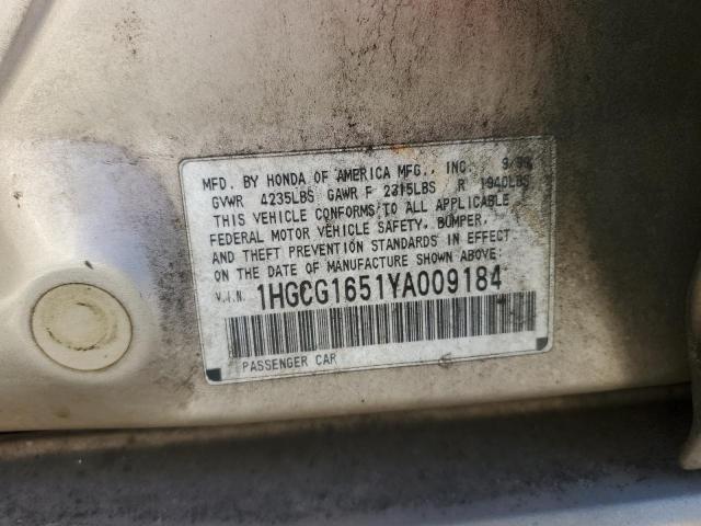 1HGCG1651YA009184 - 2000 HONDA ACCORD EX CREAM photo 12