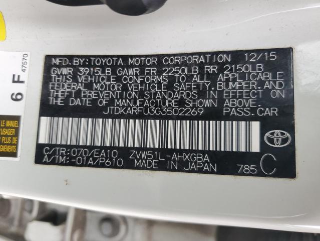 JTDKARFU3G3502269 - 2016 TOYOTA PRIUS WHITE photo 13