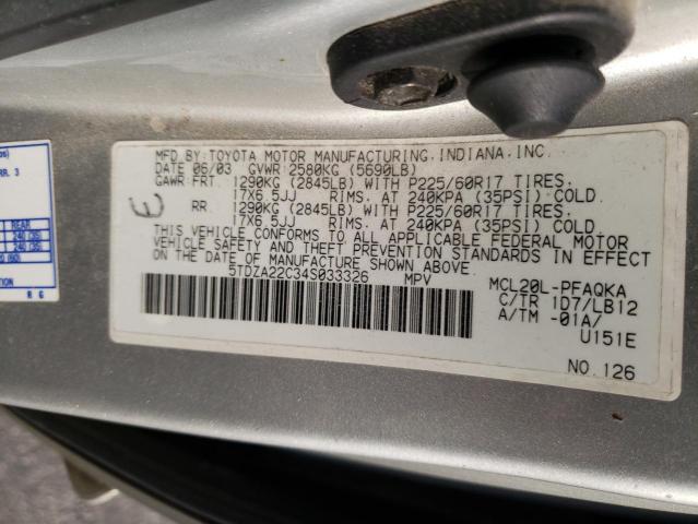 5TDZA22C34S033326 - 2004 TOYOTA SIENNA XLE SILVER photo 13