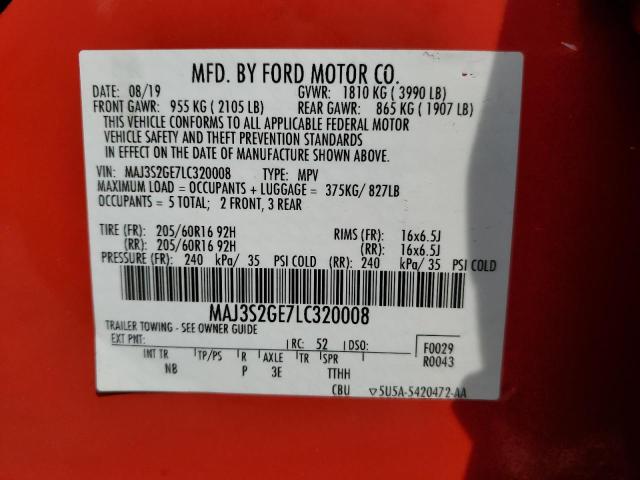 MAJ3S2GE7LC320008 - 2020 FORD ECOSPORT SE RED photo 12