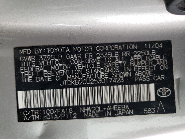 JTDKB20U253017423 - 2005 TOYOTA PRIUS SILVER photo 12