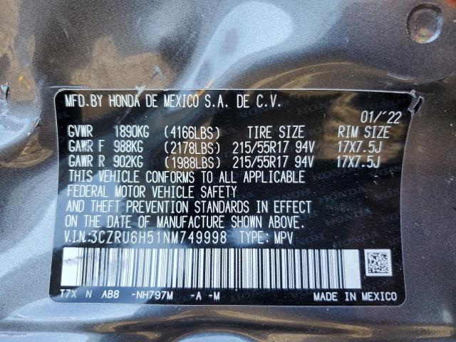 3CZRU6H51NM749998 - 2022 HONDA HR-V EX GRAY photo 14