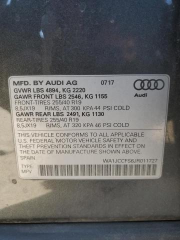 WA1JCCFS6JR011727 - 2018 AUDI Q3 PREMIUM PLUS GRAY photo 14