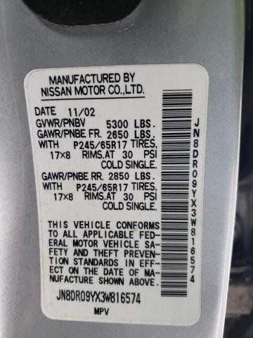 JN8DR09YX3W816574 - 2003 NISSAN PATHFINDER LE SILVER photo 13