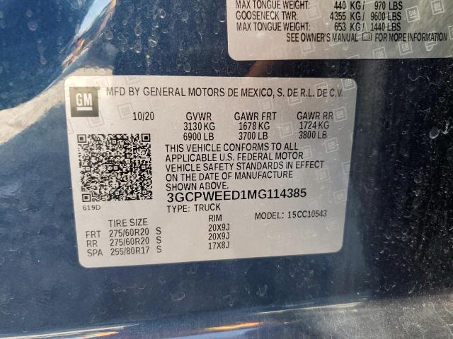 3GCPWEED1MG114385 - 2021 CHEVROLET SILVERADO C1500 LTZ BLUE photo 12