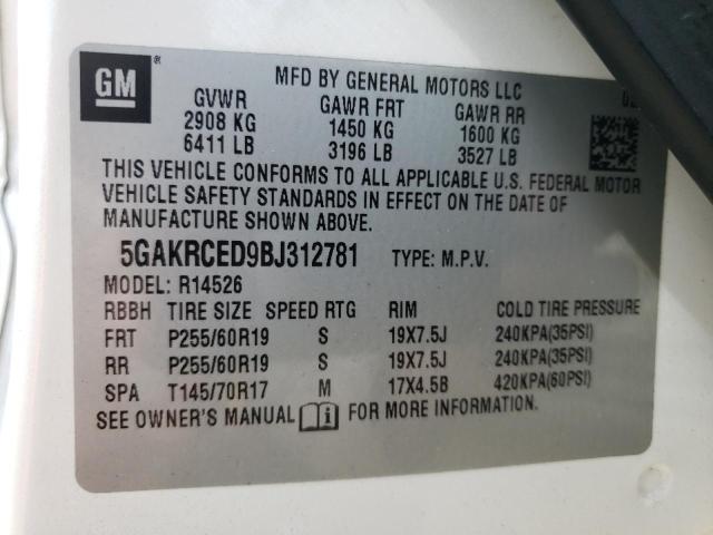 5GAKRCED9BJ312781 - 2011 BUICK ENCLAVE CXL WHITE photo 13