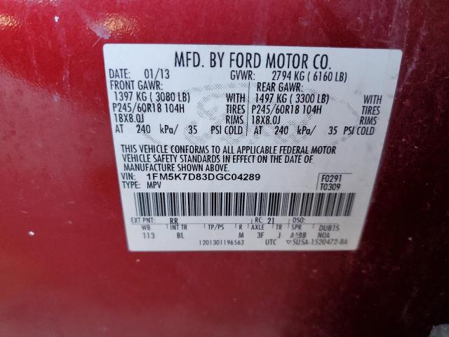 1FM5K7D83DGC04289 - 2013 FORD EXPLORER XLT RED photo 13