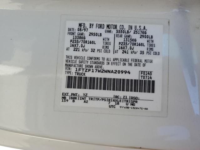 1FTZF17W2WNA20994 - 1998 FORD F150 WHITE photo 12