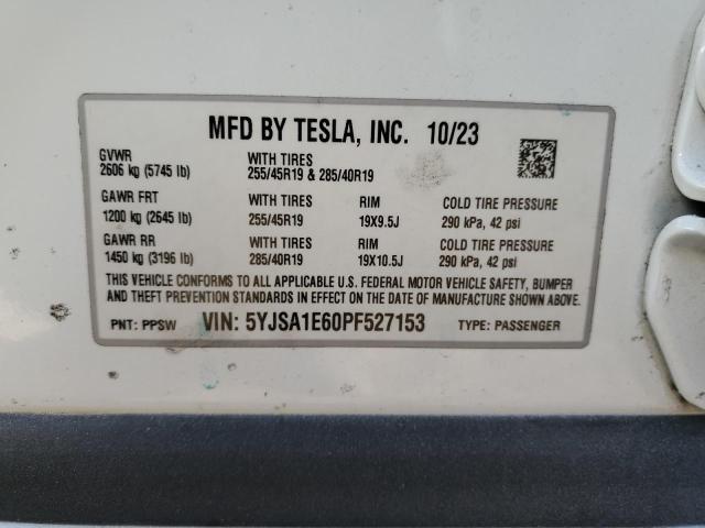 5YJSA1E60PF527153 - 2023 TESLA MODEL S WHITE photo 12