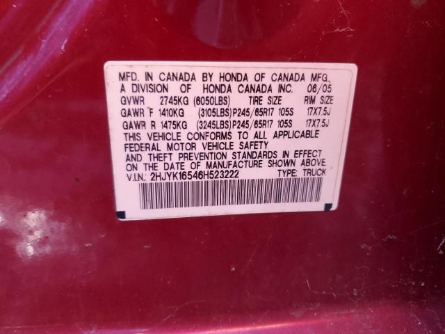 2HJYK16546H523222 - 2006 HONDA RIDGELINE RTL RED photo 12