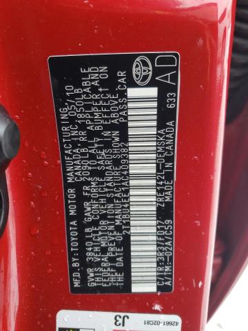 2T1BU4EE1AC409382 - 2010 TOYOTA COROLLA BASE RED photo 12