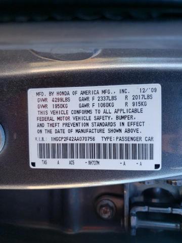 1HGCP2F42AA070756 - 2010 HONDA ACCORD LXP GRAY photo 12