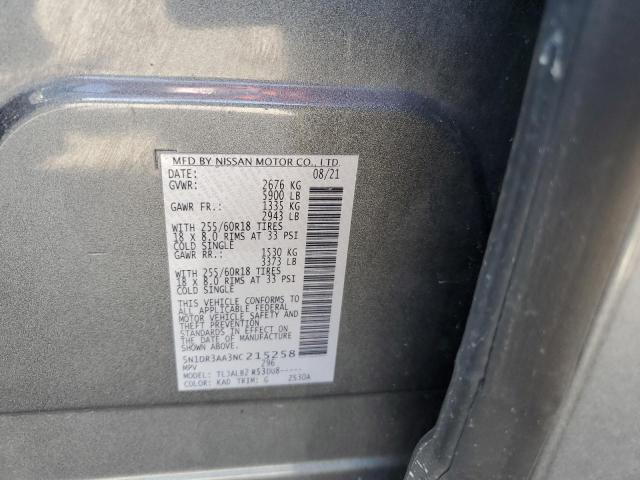 5N1DR3AA3NC215258 - 2022 NISSAN PATHFINDER S GRAY photo 12