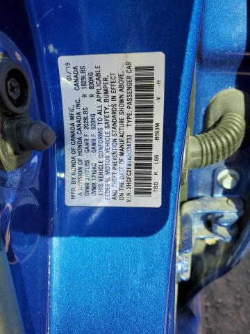 2HGFC2F81KH534733 - 2019 HONDA CIVIC SPORT BLUE photo 12