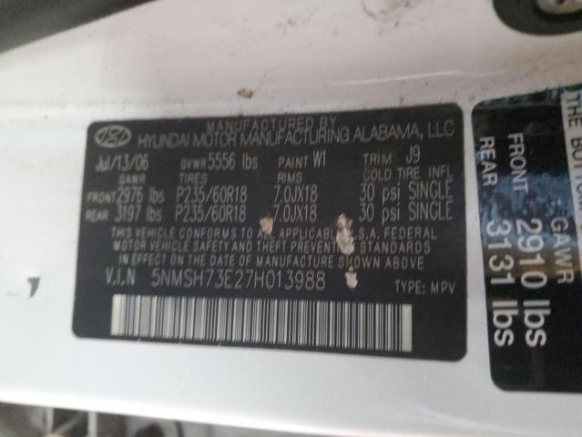 5NMSH73E27H013988 - 2007 HYUNDAI SANTA FE SE WHITE photo 13