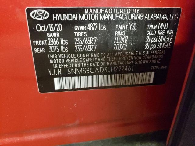 5NMS3CAD3LH292461 - 2020 HYUNDAI SANTA FE SEL Կարմիր լուսանկար 13
