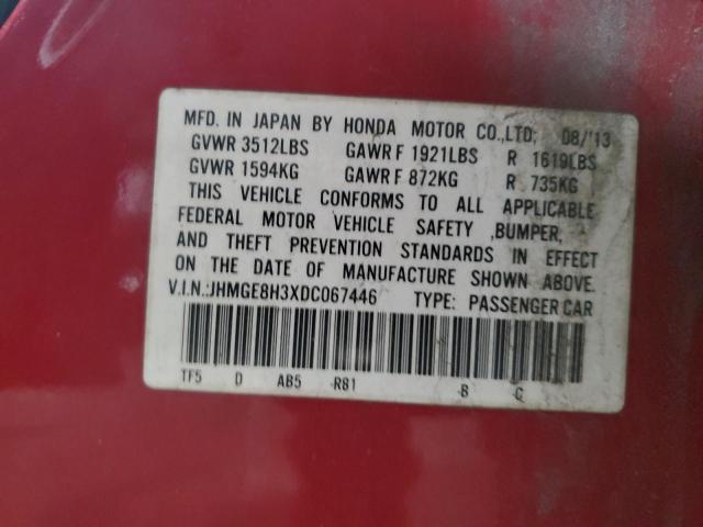 JHMGE8H3XDC067446 - 2013 HONDA FIT RED photo 12