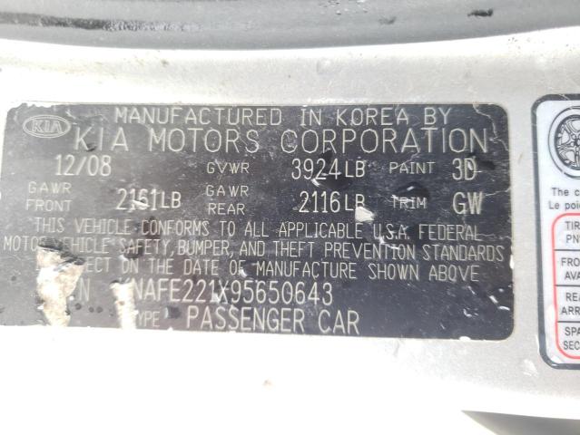 KNAFE221X95650643 - 2009 KIA SPECTRA EX SILVER photo 12