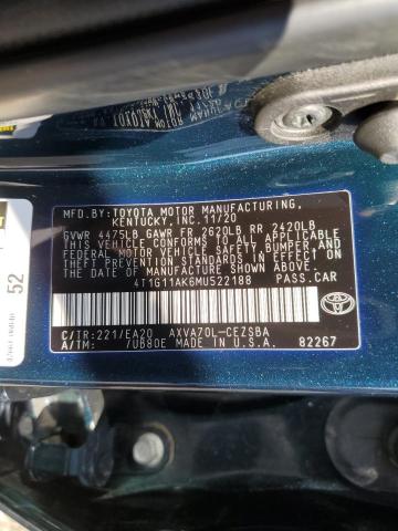 4T1G11AK6MU522188 - 2021 TOYOTA CAMRY SE BLUE photo 13