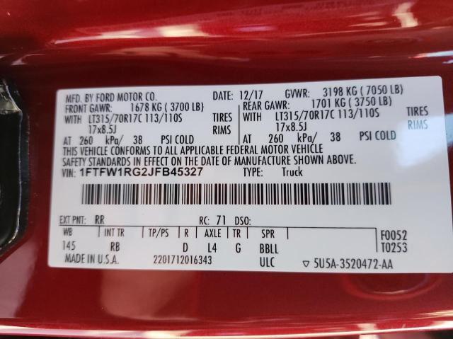 1FTFW1RG2JFB45327 - 2018 FORD F150 RAPTOR RED photo 10