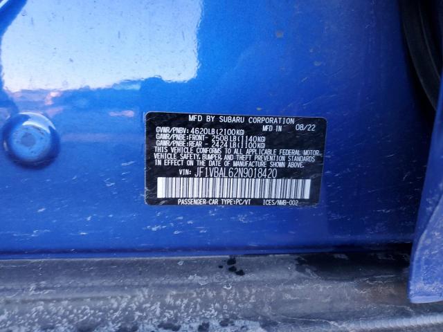 JF1VBAL62N9018420 - 2022 SUBARU WRX LIMITED BLUE photo 12