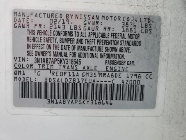 3N1AB7AP5KY318646 - 2019 NISSAN SENTRA S WHITE photo 12