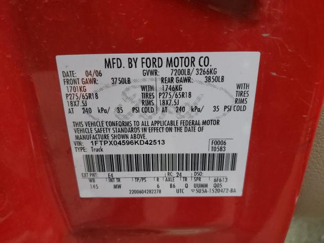 1FTPX04596KD42513 - 2006 FORD F150 RED photo 12