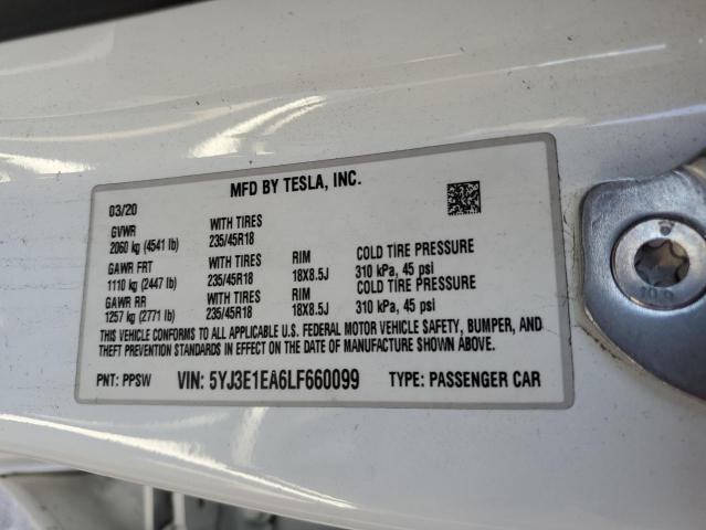 5YJ3E1EA6LF660099 - 2020 TESLA MODEL 3 WHITE photo 12