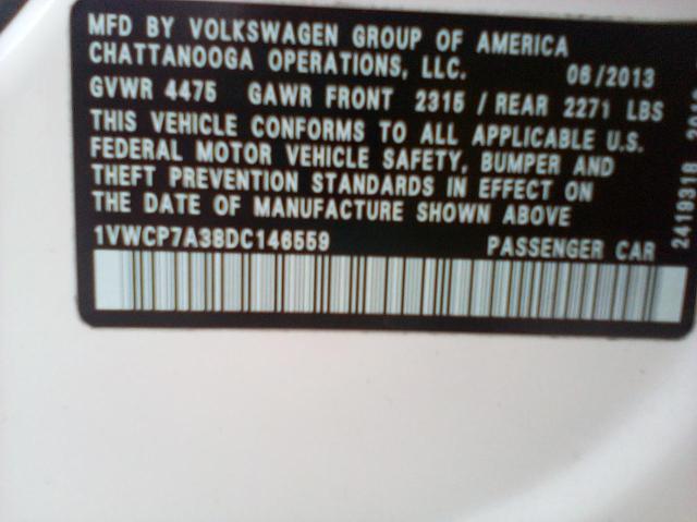 1VWCP7A38DC146559 - 2013 VOLKSWAGEN PASSAT SEL WHITE photo 10