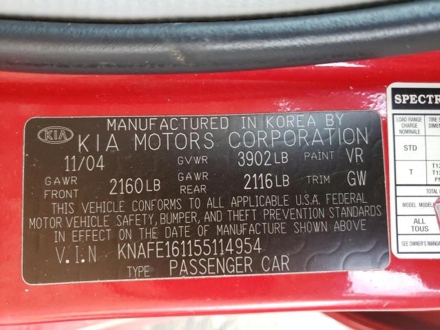 KNAFE161155114954 - 2005 KIA SPECTRA5 RED photo 12