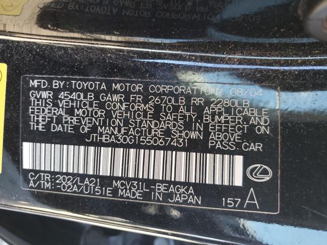 JTHBA30G155067431 - 2005 LEXUS ES 330 BLACK photo 12