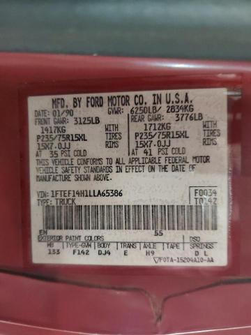 1FTEF14H1LLA65386 - 1990 FORD F150 RED photo 12