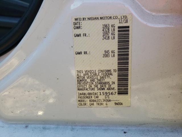 1N4BL4BV1KC159567 - 2019 NISSAN ALTIMA S WHITE photo 12