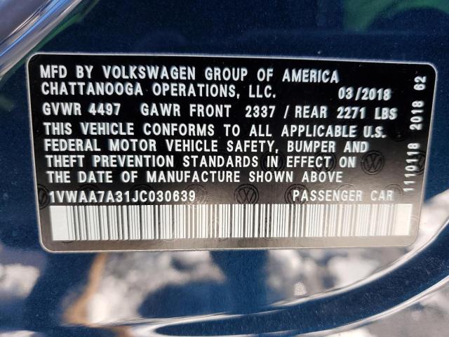 1VWAA7A31JC030639 - 2018 VOLKSWAGEN PASSAT S BLUE photo 12