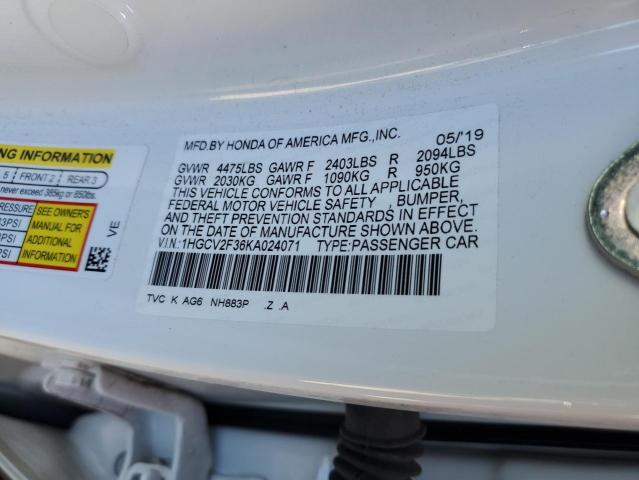 1HGCV2F36KA024071 - 2019 HONDA ACCORD SPORT WHITE photo 12