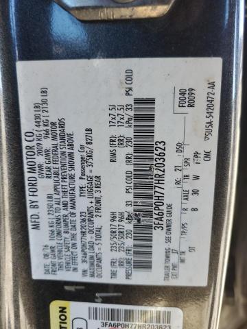 3FA6P0H77HR203623 - 2017 FORD FUSION SE GRAY photo 12