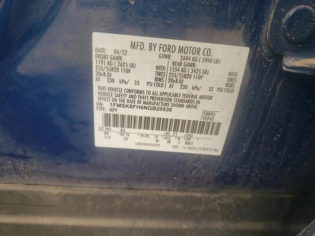 1FMSK8FH6NGB20538 - 2022 FORD EXPLORER LIMITED BLUE photo 12