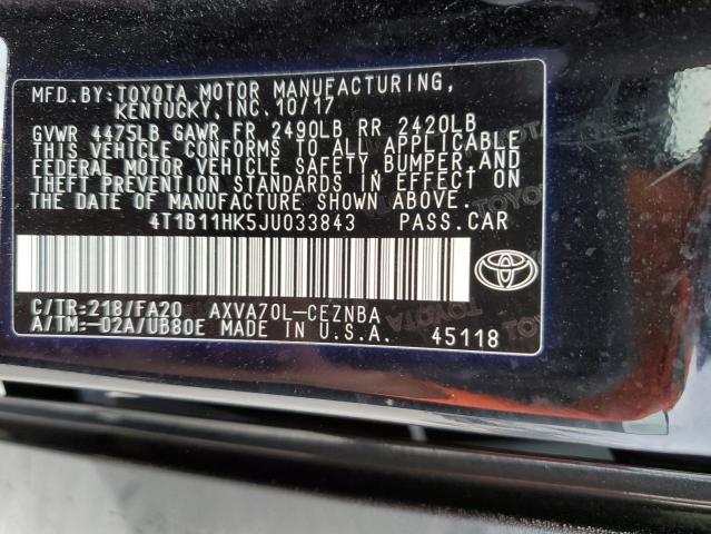 4T1B11HK5JU033843 - 2018 TOYOTA CAMRY L BLACK photo 12