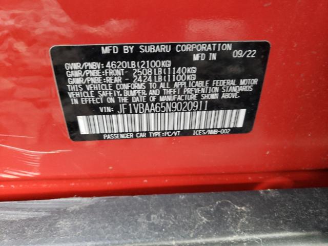 JF1VBAA65N9020911 - 2022 SUBARU WRX RED photo 12