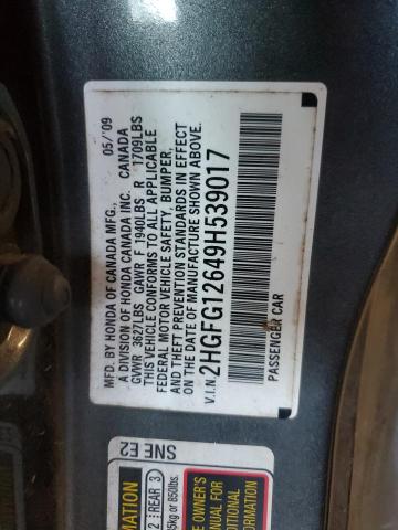 2HGFG12649H539017 - 2009 HONDA CIVIC LX GRAY photo 12