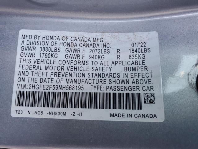 2HGFE2F59NH568195 - 2022 HONDA CIVIC SPORT SILVER photo 12