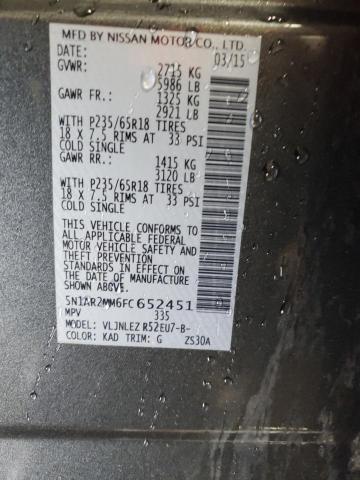 5N1AR2MM6FC652451 - 2015 NISSAN PATHFINDER S 灰色 照片 13