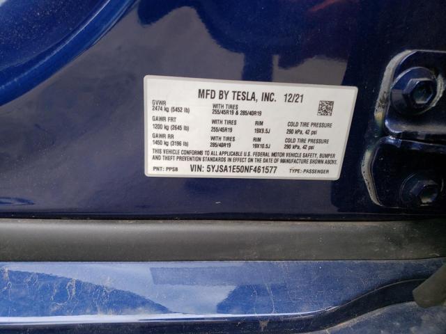 5YJSA1E50NF461577 - 2022 TESLA MODEL S 蓝色 照片 12