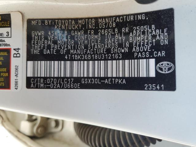 4T1BK36B18U312163 - 2008 TOYOTA AVALON XL WHITE photo 12