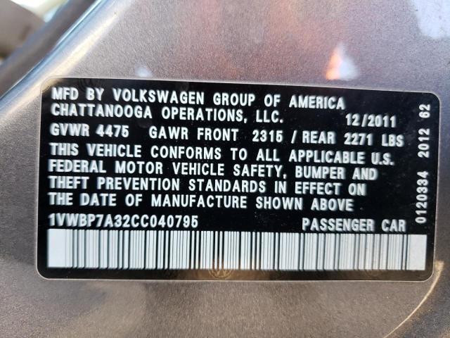 1VWBP7A32CC040795 - 2012 VOLKSWAGEN PASSAT SE GRAY photo 12